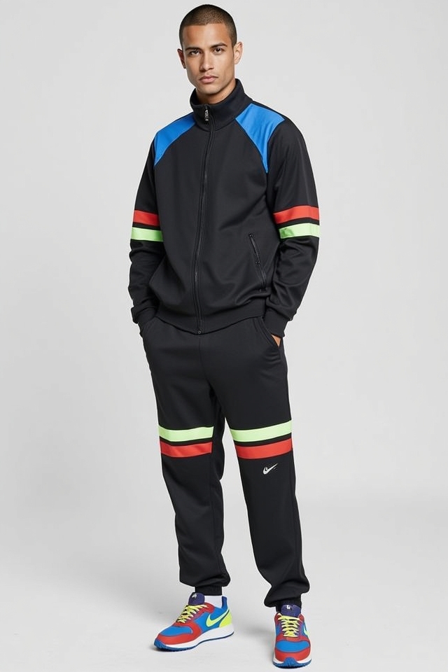 vibrant sneakers neutral tracksuit