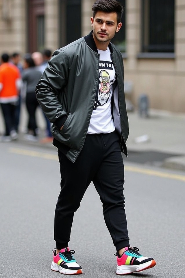 vibrant sneakers with joggers