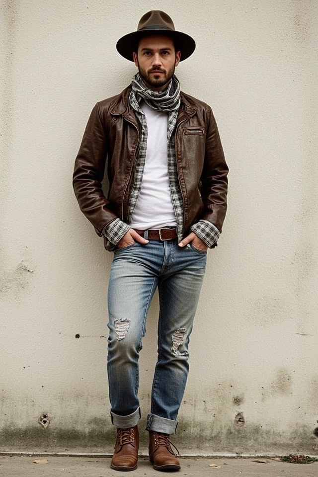 vintage distressed leather ensemble