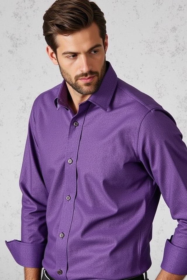 violet patterned button down shirt