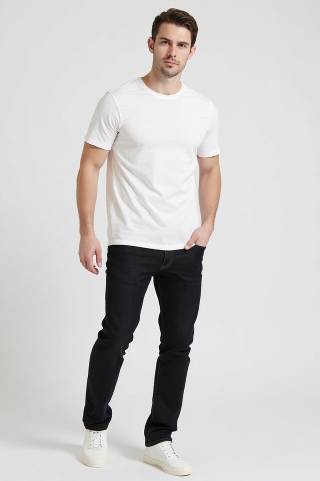 well fitted neutral t shirt jeans