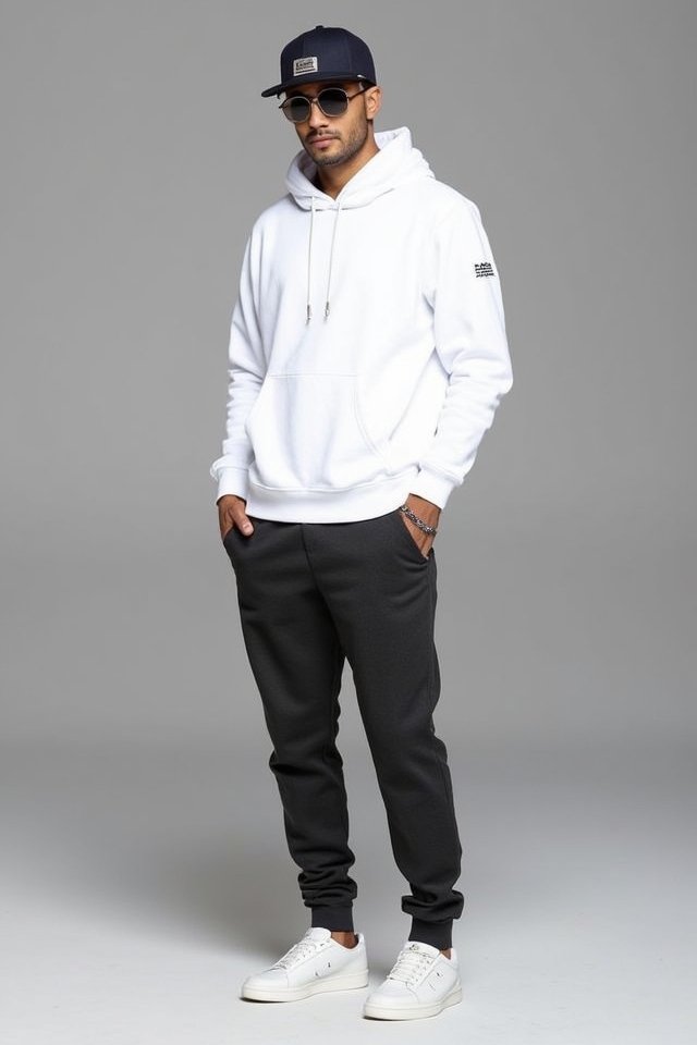 white hoodie street ensemble