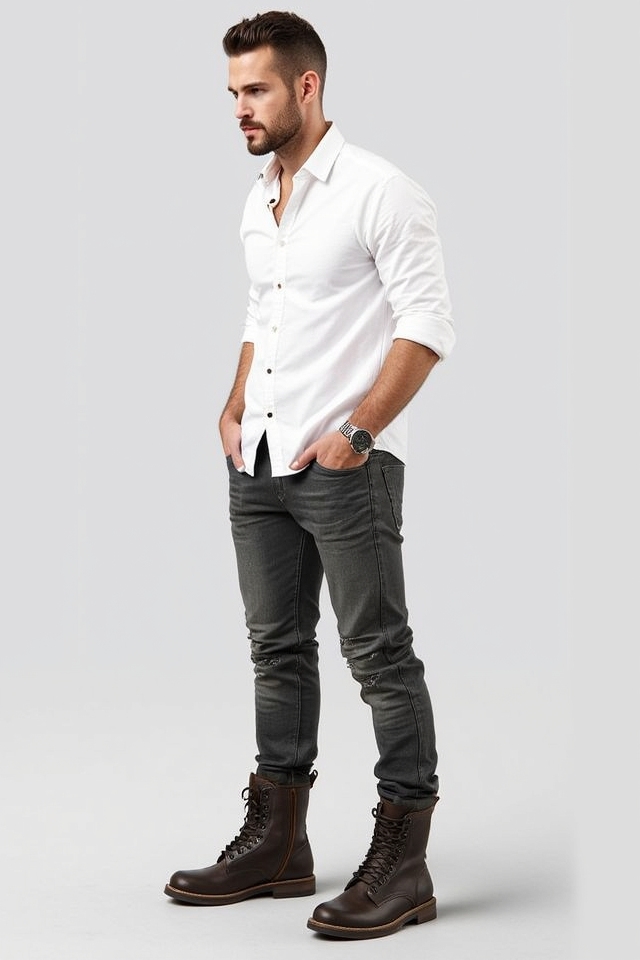 white shirt rugged ensemble