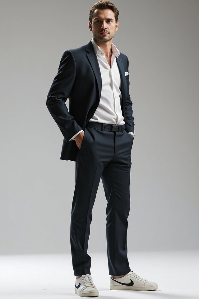white sneakers casual suit