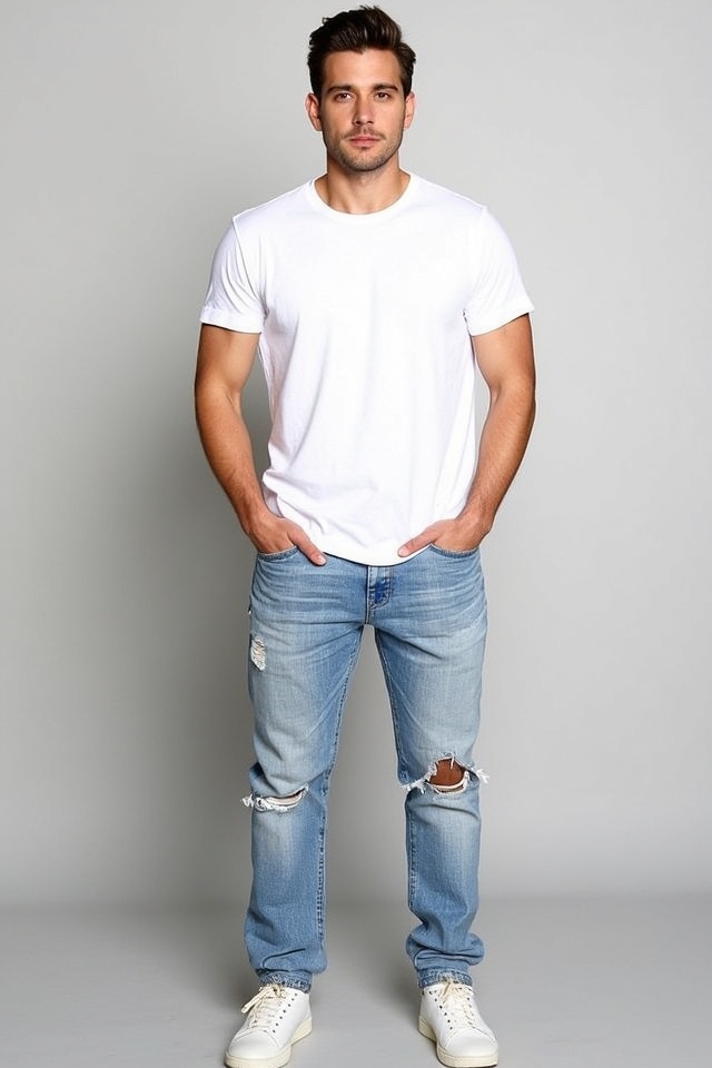 white tee distressed jeans