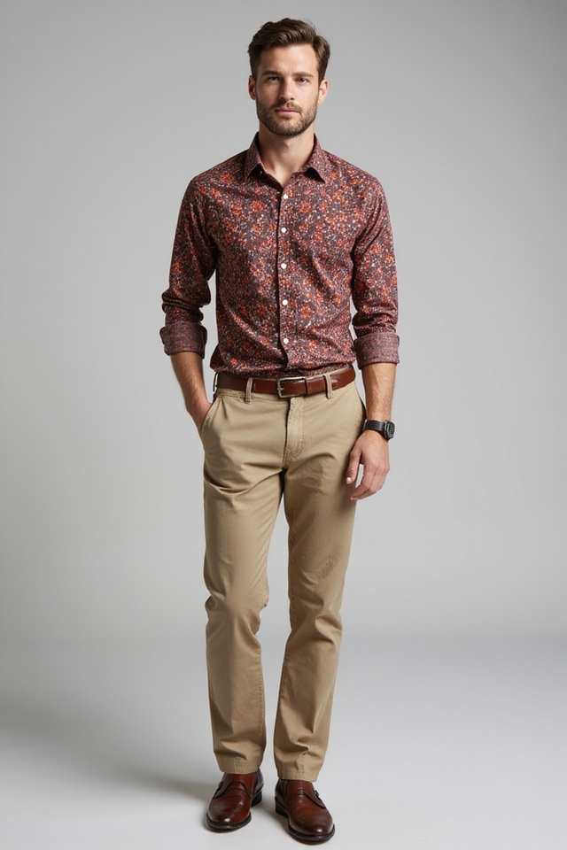bold patterned shirt ensemble