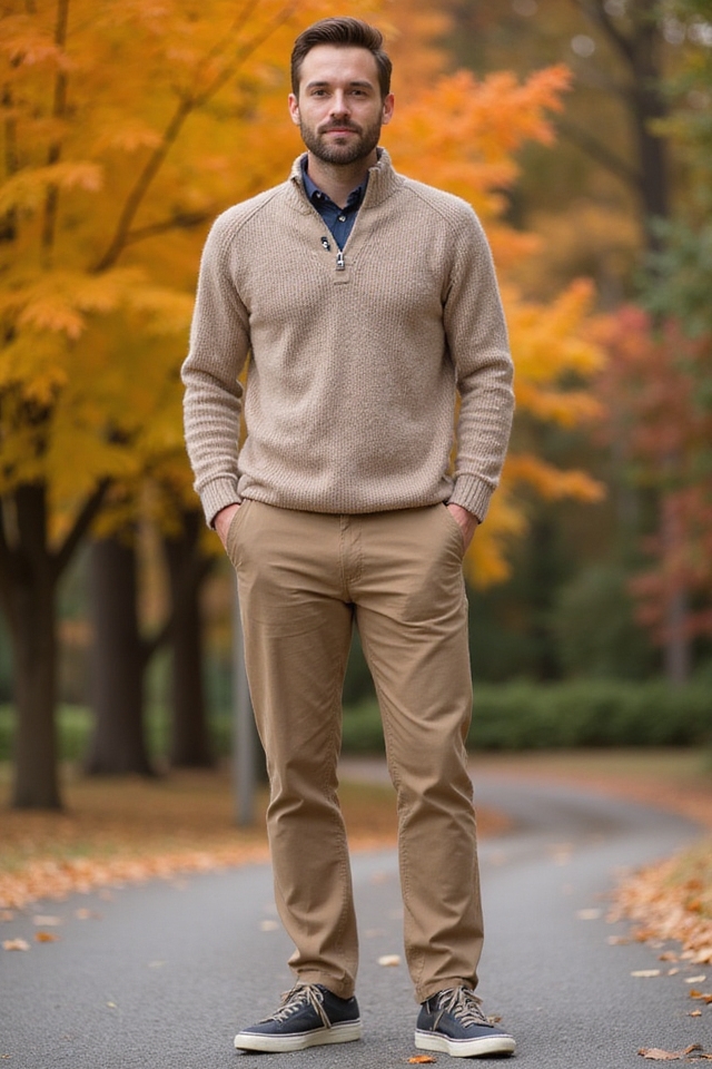 cozy sweater tailored chinos