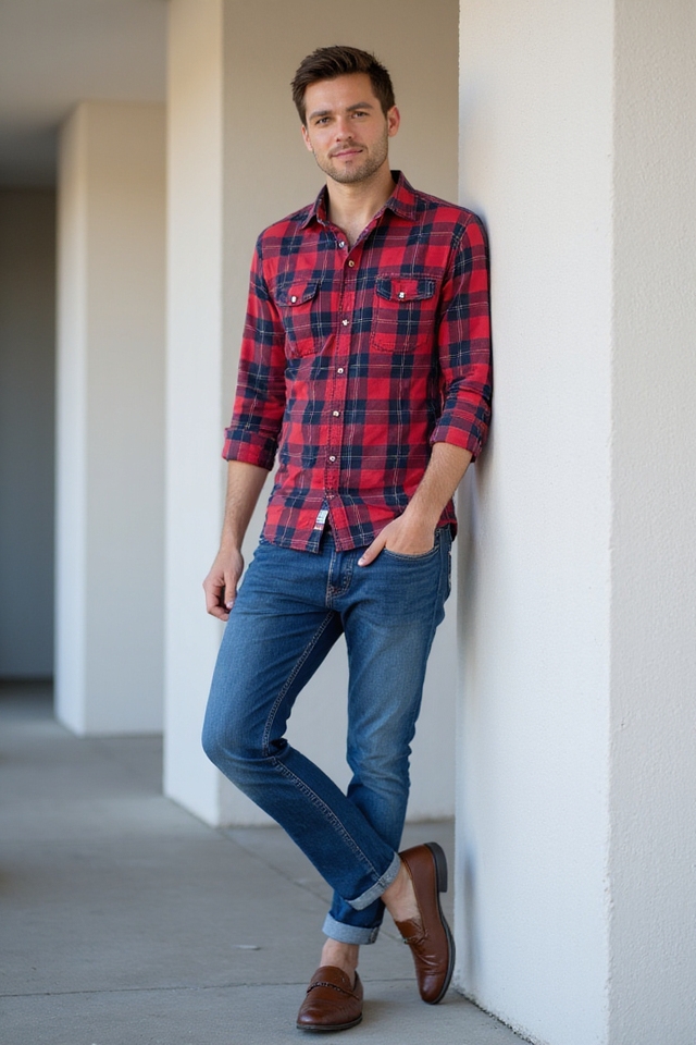 plaid shirt slim jeans